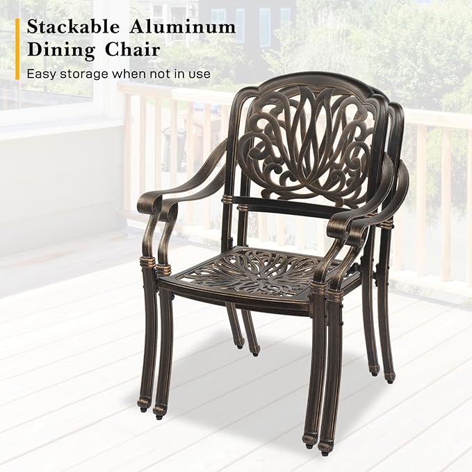 VINGLI 3 Pieces Outdoor Patio Table and Chairs Set with Umbrella Hole, Cast Aluminum Outdoor Dining Set with 2 Chairs and One Table for Yard, Garden, Porch and Poolside, Bronze