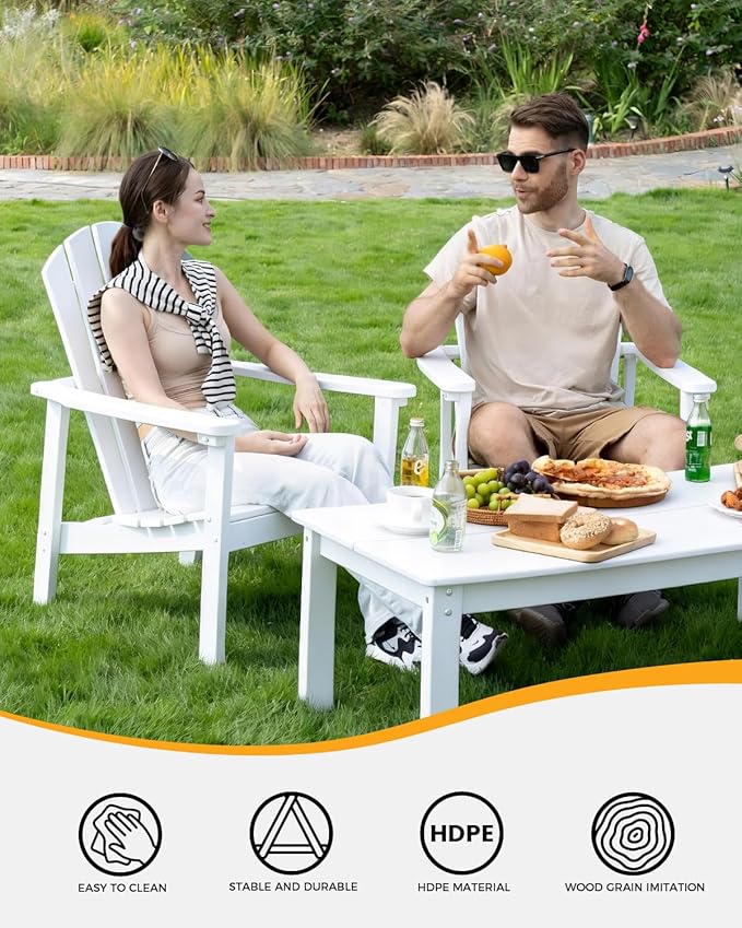 nevilywood 5-Piece HDPE Adirondack Chair Set, 4 Stackable Chairs Coffee Table, All-Weather Wood Grain, Patio Garden Backyard,White