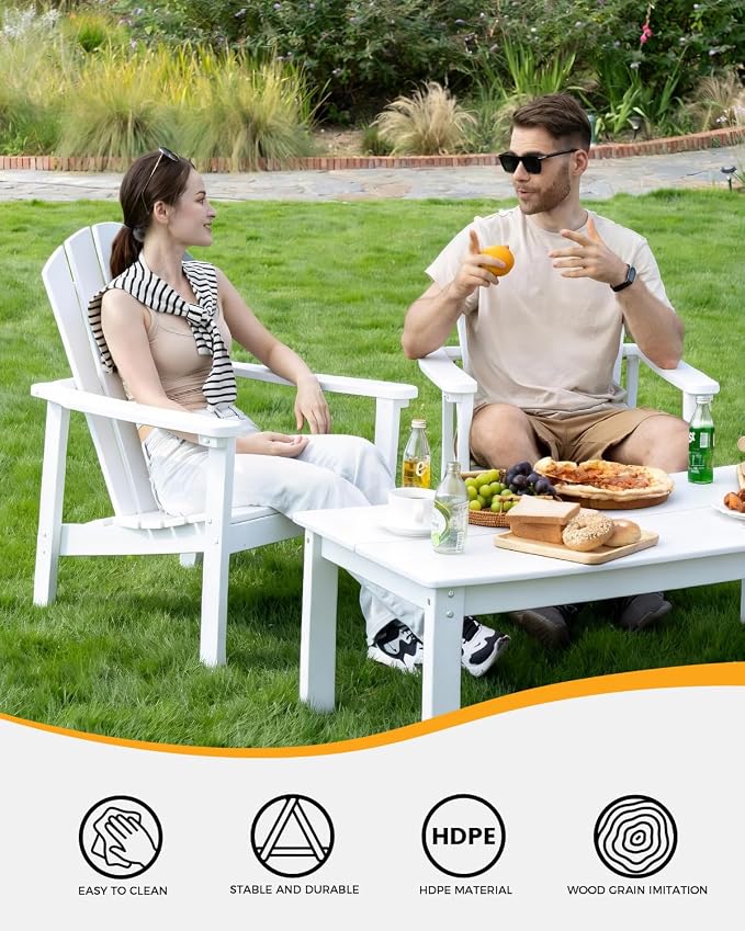 nevilywood 3-Piece HDPE Adirondack Chair Set, 2 Stackable Chairs Coffee Table, All-Weather Wood Grain, Patio Garden Backyard,White