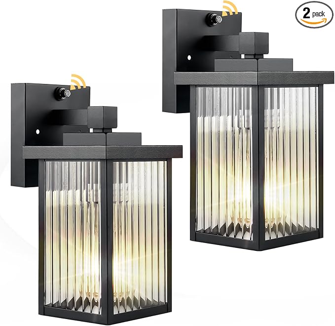 2 Pack Black Dusk to Dawn Outdoor Wall Light, All-Metal Frame | Auto On/Off, Rust-Resistant,Tempered Glass, Easy DIY Install on Porch, Garage