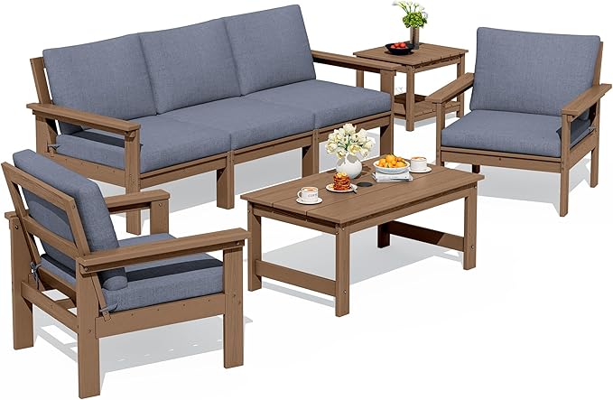 SERWALL HDPE Patio Furniture Set, 7-piece Outdoor Sectional Sofa Set, All Weather Outdoor Couch Set for Deck, Lawn, Brown Frame with Grey Cushion
