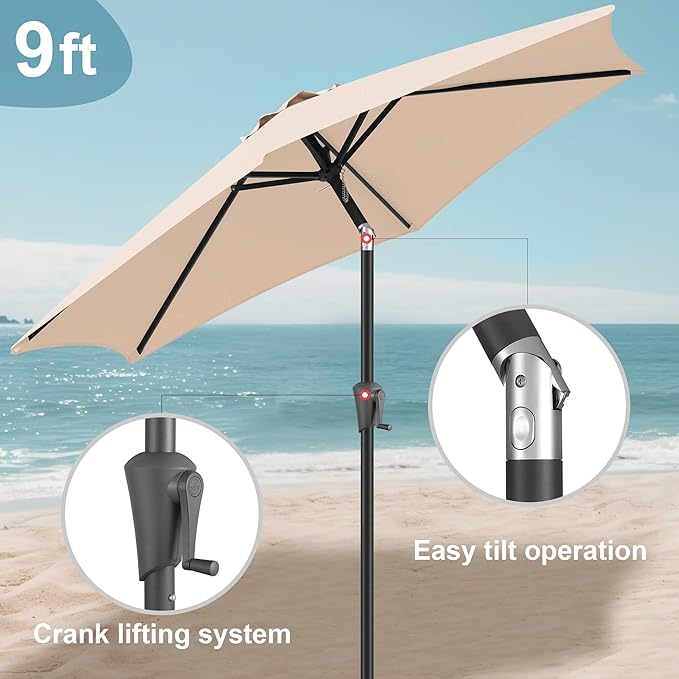 FLAME&SHADE 9ft Patio Umbrella Outdoor - Table Umbrella with Push Button Tilt and Crank, UV Protection, 6 Sturdy Ribs, Market Umbrella for Garden, Deck, Backyard, Lawn, Pool and Beach(Beige)