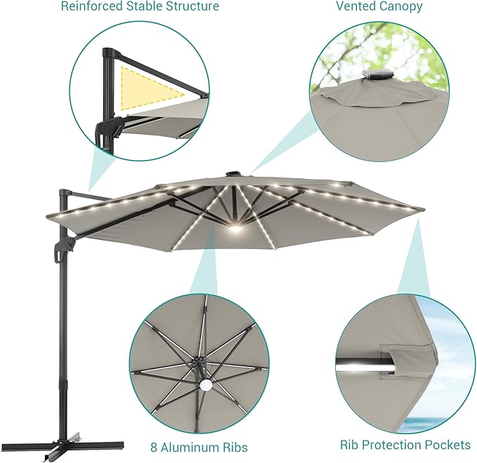 FLAME&SHADE 11 ft Cantilever Offset Patio Umbrella, Large Heavy Duty Outdoor Patio Umbrella Aluminum 360° Rotation Round Outdoor Umbrella for Deck,Pool,Backyard