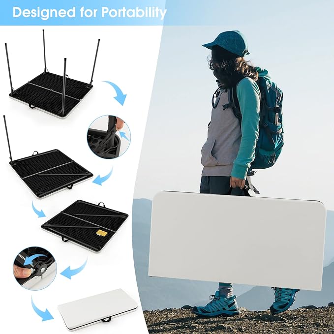 MEDIMALL Outdoor Folding Table, Fold-in-Half Utility HDPE Foldable Table with Metal Legs, Handle, Square Indoor Outdoor Collapsible Dining Table for Camping, Picnic, Party (White)