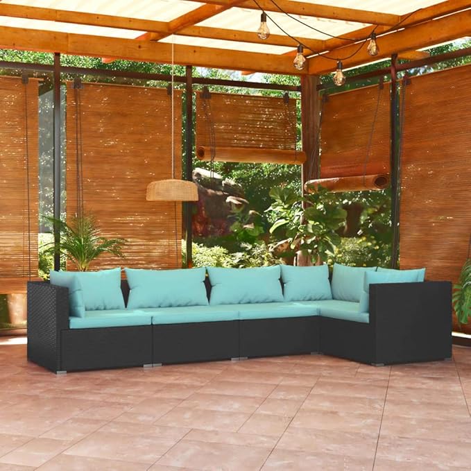 5 Piece Patio Lounge Set with CushionsOutdoor Dining Chairs,Patio Furniture Set,Outdoor Sectional Sofa,Patio Conversation Seat,Outdoor Seating,Modern Style,for Garden,Backyard, Poly Rattan Black