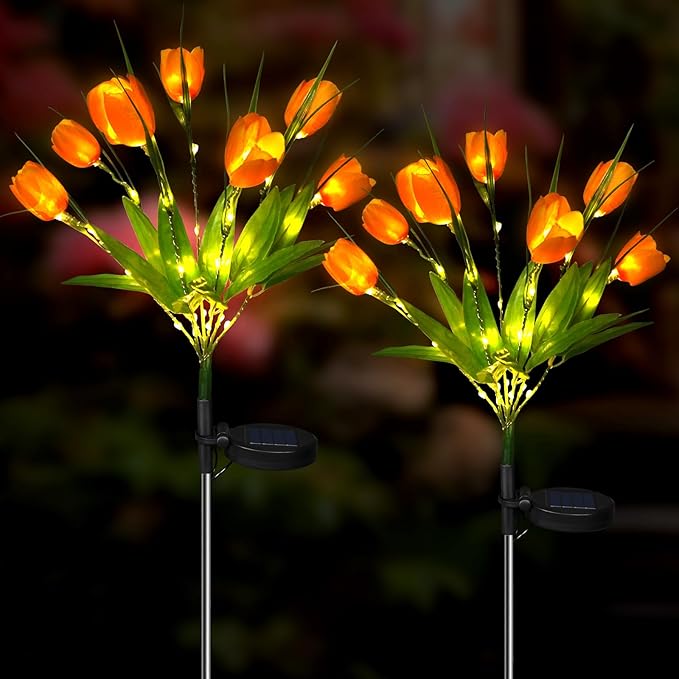 Aolyty Solar Garden Lights Outdoor, Solar Tulip Lights 2 Pack with 14 Tulip Flowers, IP65 Waterproof LED Stake Light for Pathway Patio Yard Landscape Decorative (Orange)