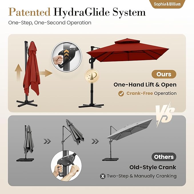 Sophia & William Cantilever Patio Umbrella 12ft, Offset Large Outdoor Umbrellas with 360°Rotation, Heavy Duty Hydraulic Double Umbrella for Garden Pool Backyard, Red (no base)