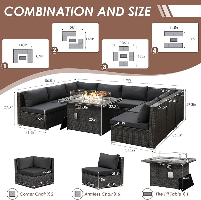 BULEXYARD 9 Pieces Highback Wicker Patio Furniture Set with Firepit, High Weight Capacity Outdoor Sectional Couch Sofa 8-Seater Modular, Plus Comfortable Wide Deep Deck Seating Group, Dark Grey