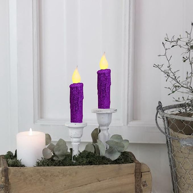 CVHOMEDECO. Glitter Flameless Candles Flickering Battery Operated LED Taper Candles with Timer for Home, Wedding, Halloween, Christmas Decor. Purple, 4-3/4 Inch, Set of 2