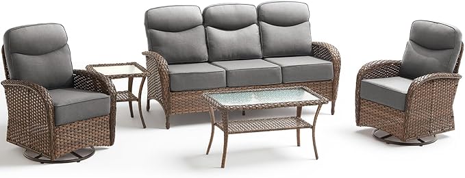 Luxury Outdoor Patio Furniture Set with 6-Inch Thick Cushions, 5 Pieces Wicker Outdoor Furniture with High Back Swivel Patio Chairs Set of 2, Outdoor Conversation Set for Deck Garden Porch, Gray