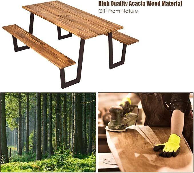 LDAILY Acacia Wood Picnic Table with Umbrella Hole, 70’’ x 30’’ Outdoor Picnic Tables with Benches for 6-8 Persons, 1600 LBS Max Load, Metal Frame & 2" Umbrella Hole, Party, Garden, Yard, Patio, Lawn