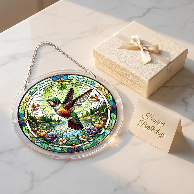 Acrylic Puzzle Suncatcher, Hummingbird Stained Glass Window Hanging, Sun Catcher Puzzle Kit Home Garden Decor, Creative Mothers Day and Birthdays Gifts for Mom, Wife, Sisters, 7.87 inch