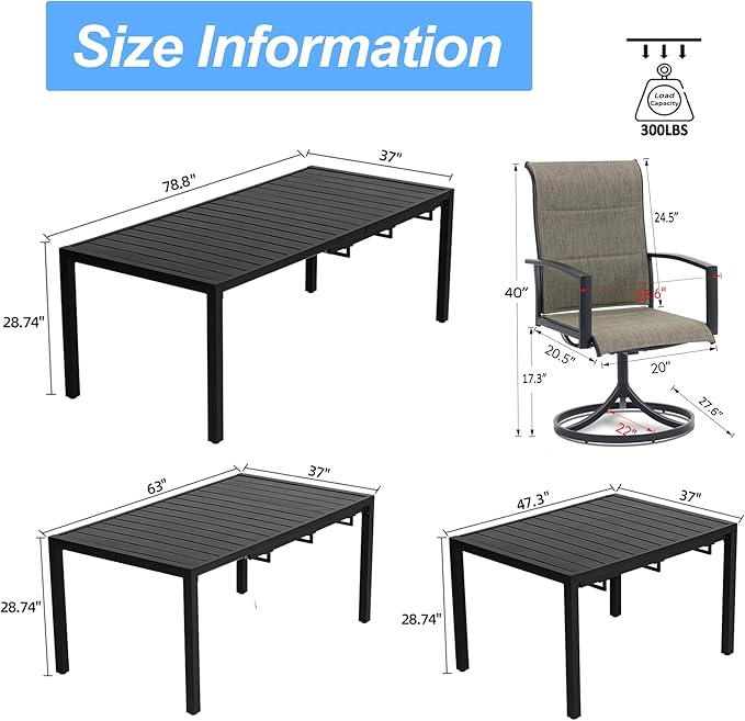 MEOOEM Outdoor Patio Dining Sets for 8, Outdoor Expandable Long Tables and Taupe Swivel Chairs Set of 8, All Weather Heavy Duty 9-Piece Outdoor Patio Table and Chairs for Garden, Backyard