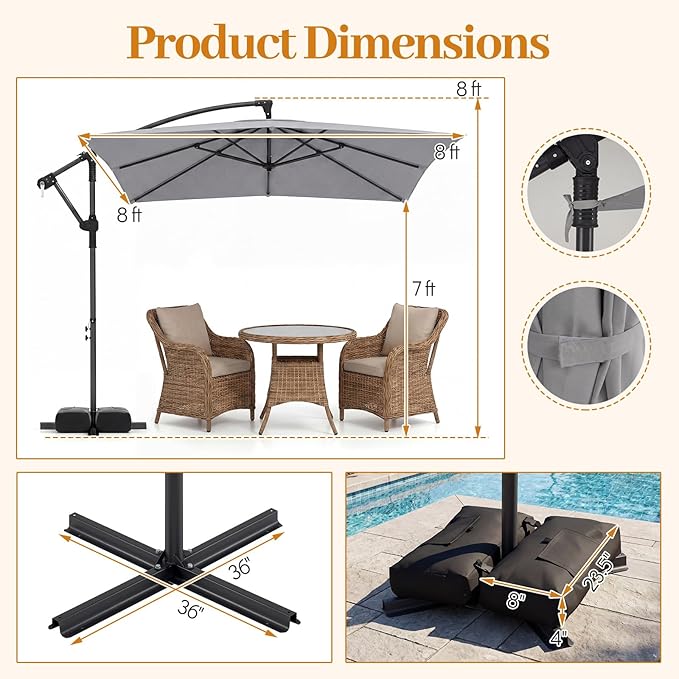 Tangkula 8x8 FT Patio Umbrella with Base Included, Square Offset Cantilever Outdoor Umbrella with 360 Degree Rotation, Crank Handle, Sandbags, 8 Ribs for Pool Deck Garden Backyard
