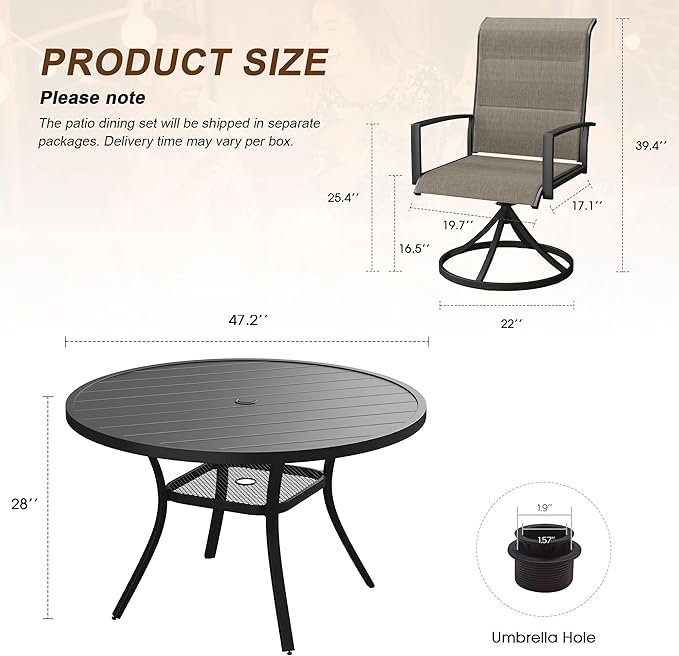 VICLLAX 7 Pieces Outdoor Dining Set, Patio Furniture Set Includes 47" Round Metal Table W/ 1.9" Umbrella Hole and 6 Padded Textilene Swivel Chairs for Porch, Lawn, Garden, Backyard