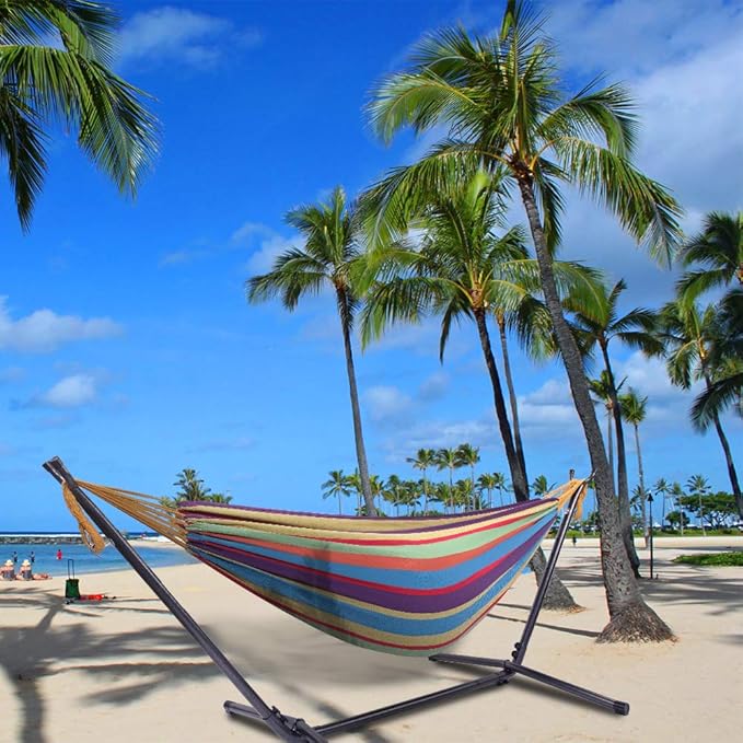 Double Hammock with Space Saving Steel Stand,2 People Standing Hammocks with Portable Carrying Bag,Easy Assembly,330lb Capacity,Perfect for Indoor,Yard,Camping,Garden (Colorful)