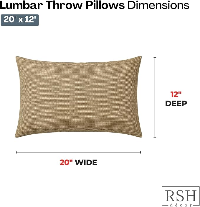RSH DECOR: Designer Select Sunbrella Lumbar Throw Pillows Set of 2 | 20" x 12" | Water and Fade-Resistant Performance Fabric | Indoor Outdoor Accent Pillows | Made in USA (Sailcloth Sienna Tan)