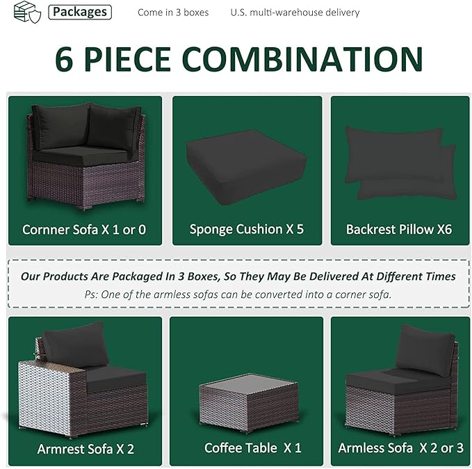 6 PCS Outdoor Patio Furniture Set,Outdoor Sectional Furniture All Weather PE Rattan Wicker Patio Conversation Set with Coffee Table and 5 Thickened Cushions,Black
