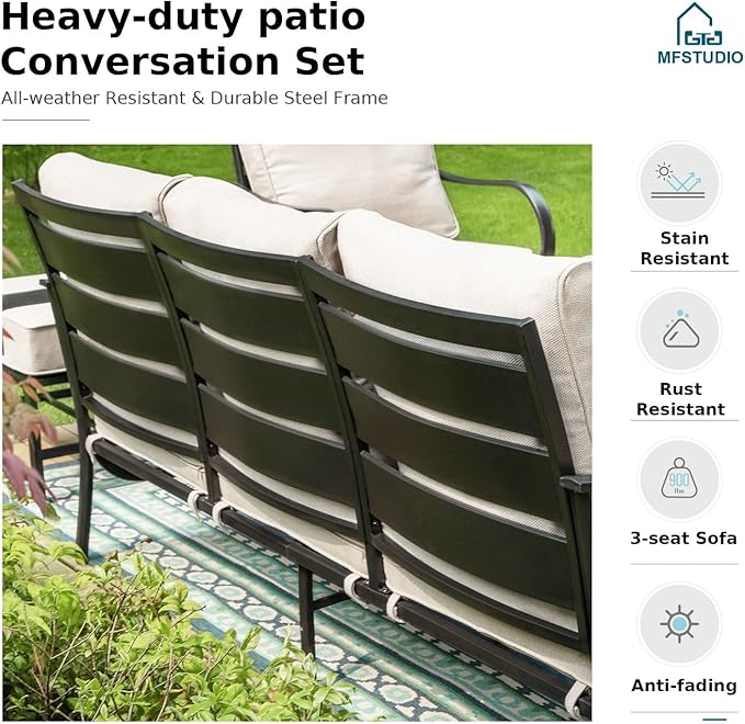 MFSTUDIO 5 Pieces Patio Conversation Sets, Outdoor Metal Furniture Sofas with 1 x 28 50,000 BTU Square Propane Fire Table and 4 x Wrought Iron Frame Swivel Chairs with Beige Cushion