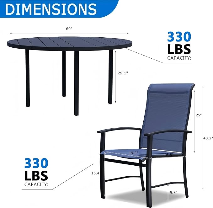 9-Piece Outdoor Dining Set for 8 – 60" Black Round Patio Table with Umbrella Hole & 8 Blue Outdoor Dining Chairs with Armrests, Large Poolside Furniture