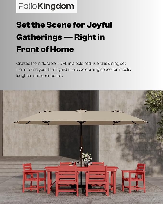 7-Piece Outdoor Dining Set for 6,Red | HDPE table, chairs included, umbrella hole design, weather-resistant furniture, perfect for backyard, deck, garden
