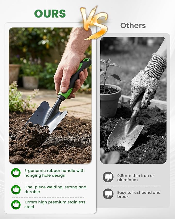4-Piece Garden Tool Set, Heavy Duty Gardening Hand Tools with Soft Rubber Handle,Green,Premium Stailess Steel,Include Hand Shovel,Transplant Trowel,Hand Rakes, 2-in-1 Hoe and Cultivator