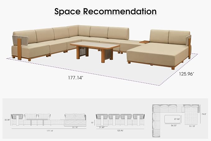 PURPLE LEAF Patio Furniture Set Modular U-Shaped Outdoor Sectional Sofa with 11" Thick Olefin Cushion 9-Piece Outdoor Conversation Set with Daybed & White Lights for Backyard Garden Poolside, Beige