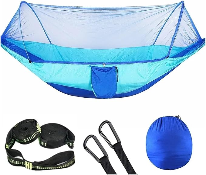 Hammock Camping Hammock with Mosquito Net Pop-Up Light Portable Outdoor Parachute Hammocks Swing Sleeping Hammock Camping Stuff Quick-Opening(Light Blue-6 Rings)