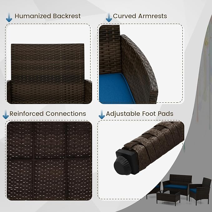DORTALA 4-Piece Rattan Patio Furniture Set, Outdoor Table & Chair Set with Tempered Glass Coffee Table, Cushion, Wicker Conversation Set for Garden, Lawn, Poolside and Backyard, Peacock Blue