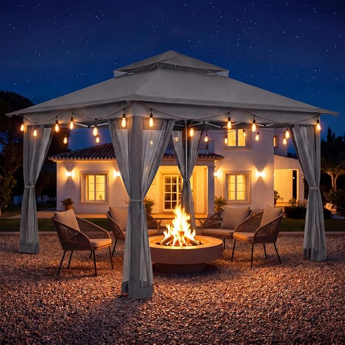 LAUSAINT HOME 11x11 Pop Up Gazebo with 50FT String Lights, Mosquito Netting, Instant One-Push Setup, Adjustable Height Outdoor Canopy Tent Shelter with Carry Bag for Patio, Backyard, Camping, Gray