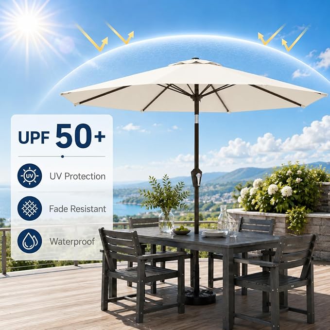 10FT Solar Patio Umbrella with Lights, Outdoor Table Market Umbrella with 32 LED Lights, 8 Sturdy Ribs, Push Button Tilt and Crank for Pool, Deck and Garden, UV-Resistant