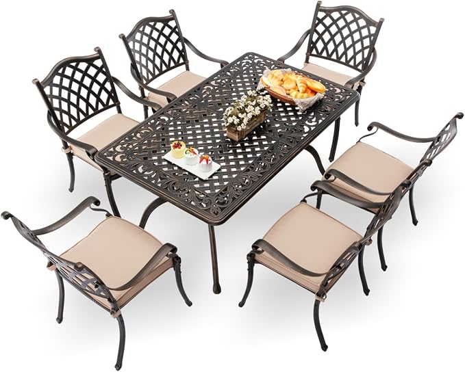 7-Pcs Cast Aluminum Patio Dining Set,59" Rectangular Table,Bronze | Outdoor Furniture Set Include Dining Table and 6 Stackable Chairs with Cushions & Umbrella Hole