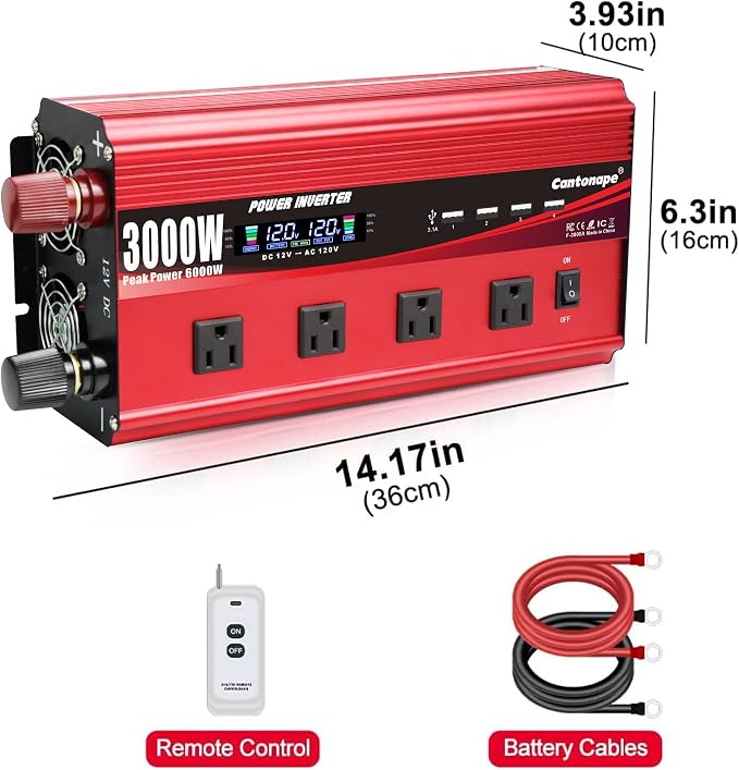 Cantonape 3000W Power Inverter 12V to 110V/120V DC to AC with LCD Display, Remote Controller 4 x AC Outlets and 4 x 3.1A USB Car Adapter for Car Truck Boat RV Solar System
