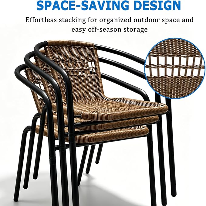 8 Pack Brown Stackable Outdoor Rattan Chairs, All-Weather Patio Seating for Balcony Porch Lawn, Small Patio Furniture Set for Front Porch Decor & Outdoor Spaces