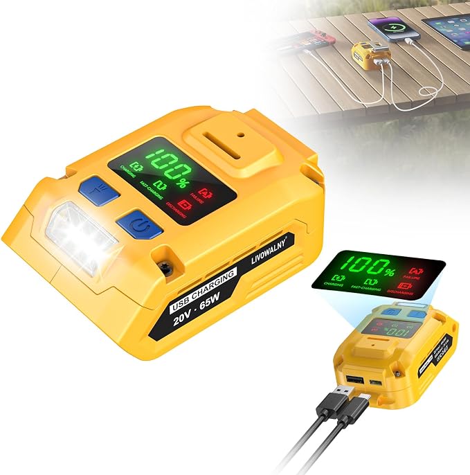 65W USB Battery Adapter Compatible with Dewalt, LIVOWALNY Power Inverter Battery Inverter Charger Power Station Power Supply with Type-C Port & USB Port & LED Light for Electronic Device