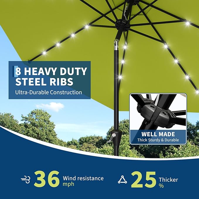 Garvee 9FT Solar Patio Umbrella with 32 LED Lights - Outdoor Table Umbrella with Crank Lift, Push Button Tilt and 8 Sturdy Ribs - Market Umbrella UV Protection for Pool, Deck, Yard, Garden