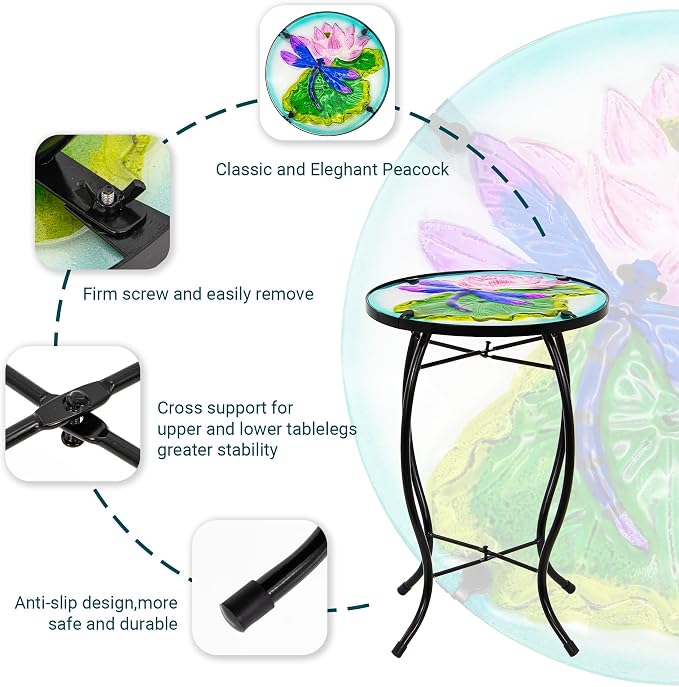 Lotus-Leaf Dragonfly Patio Table, Outdoor Side Table, Metal Glass End Table | WEIBEFEE; 10 Inch; for Porch Garden Yard Pool Living Room; Fade-resistant; Great gift choice; Decoration Gift