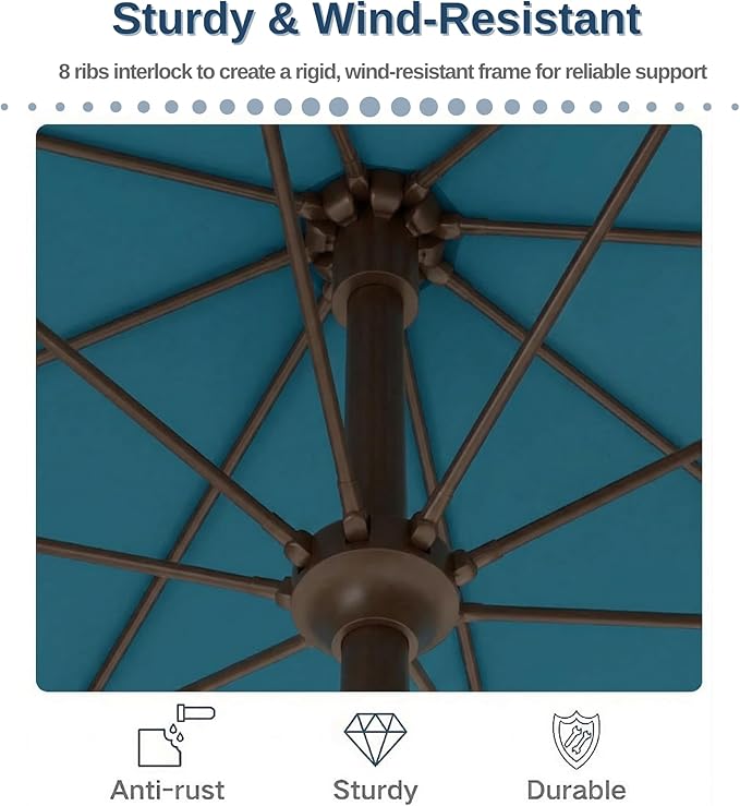 PatioKingdom 9FT Patio Outdoor Umbrella-UPF 50+ Sun Shade with Wind Vent, Push-Button Tilt & Smooth Crank Lift, Rust-Resistant Fiberglass Frame for Garden, Backyard,Yard (Lake Blue)