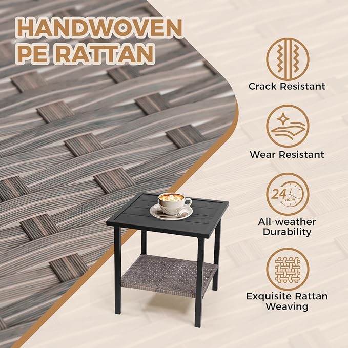 COOS BAY Sunset Haven Outdoor Patio Side Table, Square Outdoor Coffee Table with Double-Tier Storage, Wicker Patio End Table, 18.1"x18.1"x18.5", Brown