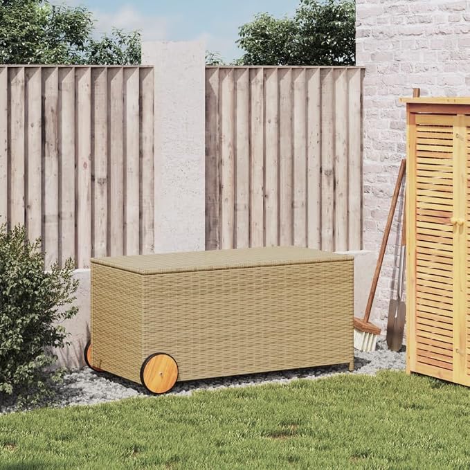 Garden Storage Box with Wheels 50.2 Gal Outdoor Patio Furniture Organizer, Mix Beige Poly Rattan Waterproof Storage Bench for Cushions Pillows Blankets, Durable Steel Frame & Easy to Move