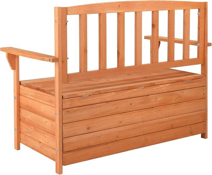 Wood Deck Box Bench, Storage Box with Backrest Armrest, All-Weather Yard Container Furniture for Tools, Toys, Outdoor Storage Bench Deck Box w/Seat for Backyard, Porch, Patio, Garden ,Orange Red