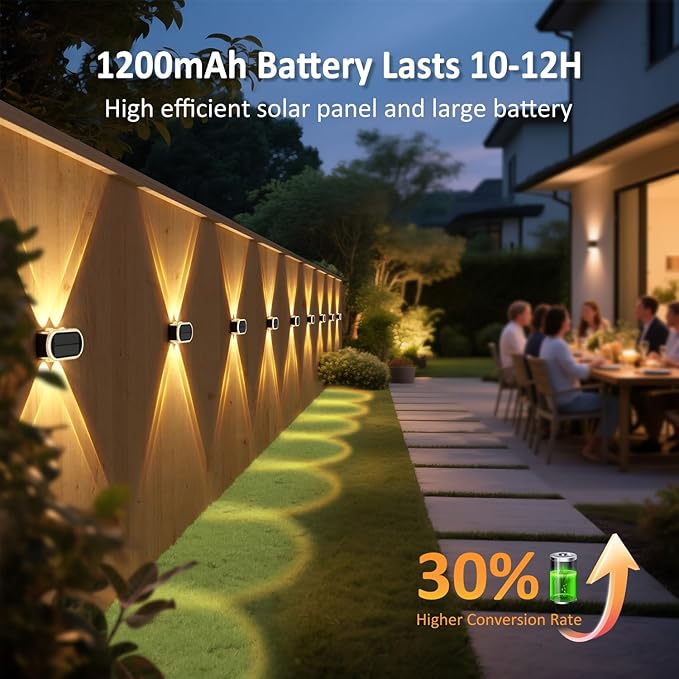 Fence Lights Solar Powered: Outdoor Wall Lighting IP65 Waterproof - Dual Focused LED Up Down - 3000K–6000K 3 Modes for Porch Backyard Patio - Diamond Crystal Cut Design 6 Pack