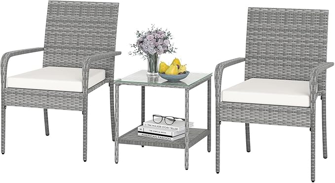 Tangkula 3 Pieces Patio Furniture Set, PE Rattan Outdoor Cushioned Conversation Chairs with 2-Tier Tempered Glass Tabletop Table, for Balcony, Garden and Poolside