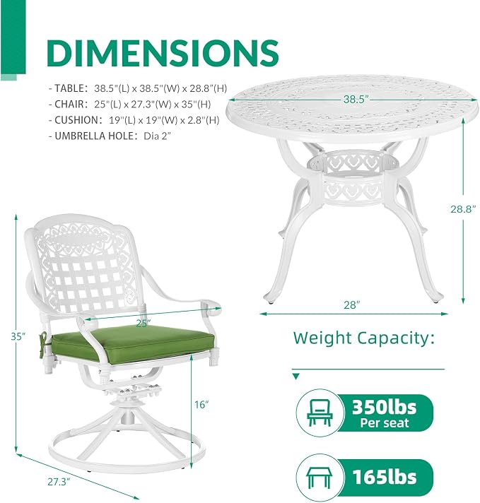 VIVIJASON 5-Piece Outdoor Patio Dining Set, All-Weather Cast Aluminum Conversation Set, Patio Furniture Set for Backyard, Include 4 Swivel Rocker Chairs, a 38.5" Round Table w/Umbrella Hole, White