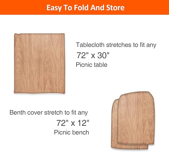 KENOBEE 6ft Picnic Table and Bench Cover, Camping Essentials RV Gear, 72 in Waterproof Windproof Outdoor Elastic All Around Tablecloth, Fitted Rectangle Tables and Seats, Wood Grain