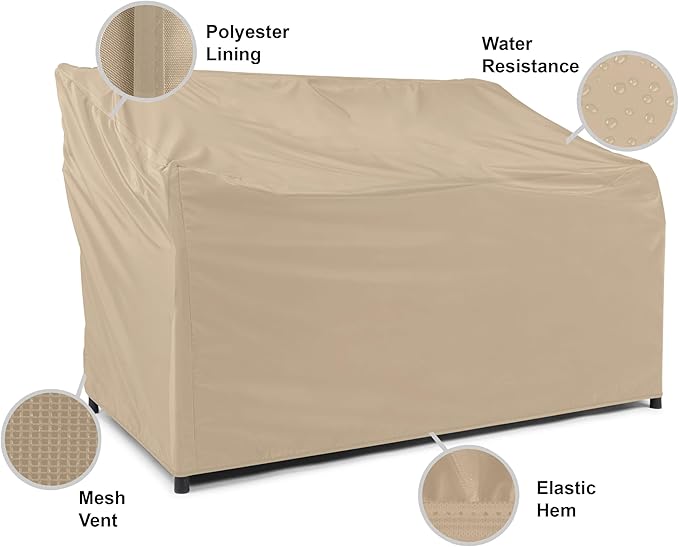 Covermates Classic Outdoor Patio Sofa Cover – Heavy-Duty 12-Gauge Vinyl with Polyester Lining, Elastic Hem & Mesh Vent for Moderate Weather Protection, 66W x 34D x 38H, Classic Tan