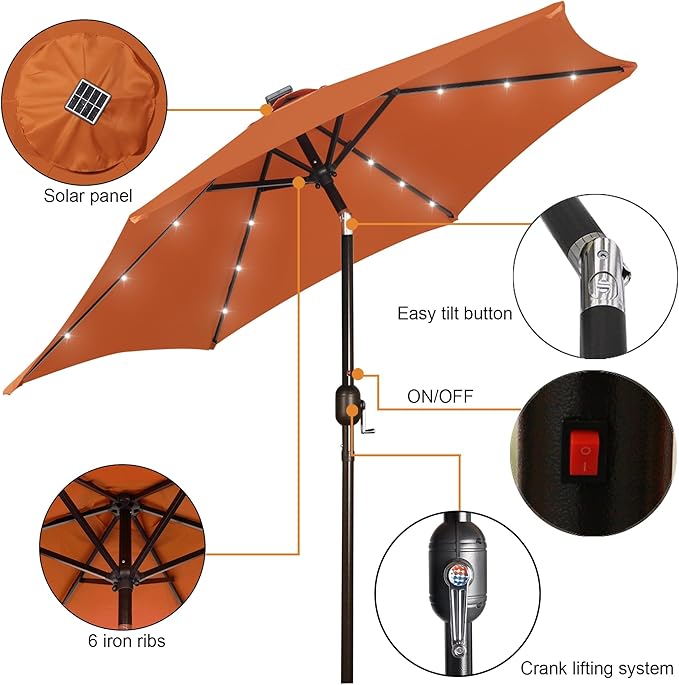 Blissun 7.5 ft Solar Umbrella, 18 LED Lighted Patio Umbrella, Table Market Umbrella