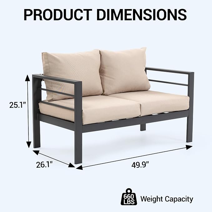 4-Piece All-Weather Metal Patio Furniture Set, Sectional Conversation Sofa w/Coffee Table, Heavy Duty Steel Frame & Washable Cushions for Backyard Garden (Khaki, Loveseat)