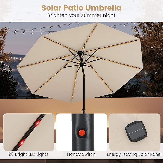 Tangkula 10 FT Solar Patio Umbrella, Outdoor Market Table Umbrella with 96 Multi-Colored Flowing LED Lights, 9 Modes, Tilt Adjustment, Crank Handle, 8 Ribs, Vented Top for Backyard Poolside Deck Lawn