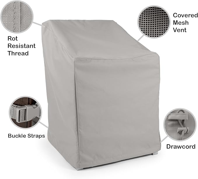 Covermates Ultima Outdoor Chair Cover – Heavy-Duty 600D Polyester Patio Protection, Weather-Resistant, Drawcord Hem, Mesh Vents, Fits Garden & Deck Chairs, 28W x 34D x 38H - Set of 4, Ripstop Grey